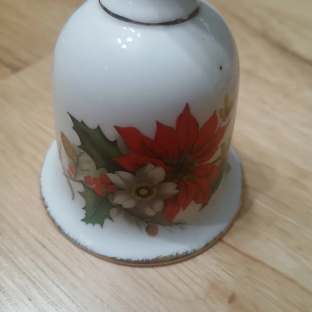 Vintage Festive Holiday Bell Genuine Fine Bone China Poinsettia Taiwan 1960's